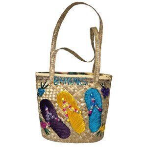 2/$30 Bahamas Handwoven Straw Tote Bag Purse Floral Flip Flops Beads Lined Cruis
